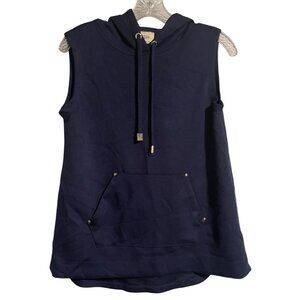 Elie Tahari Sleeveless Hoodie Navy Womens S Pullover Drawstring Kangaroo Pocket